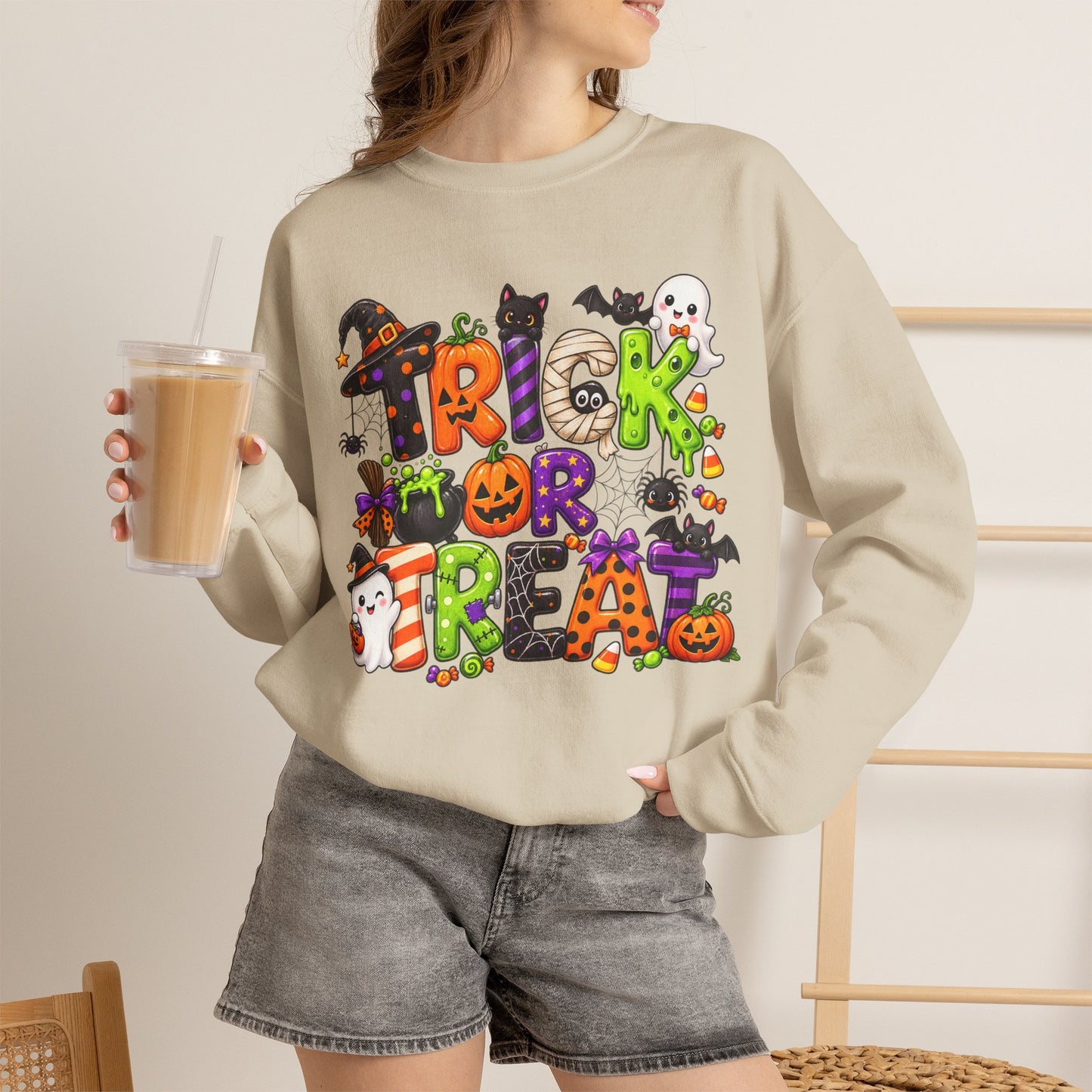 GILDAN - Halloween "Trick or Treat" Crewneck Sweatshirt - Cute Spooky Candy Graphic