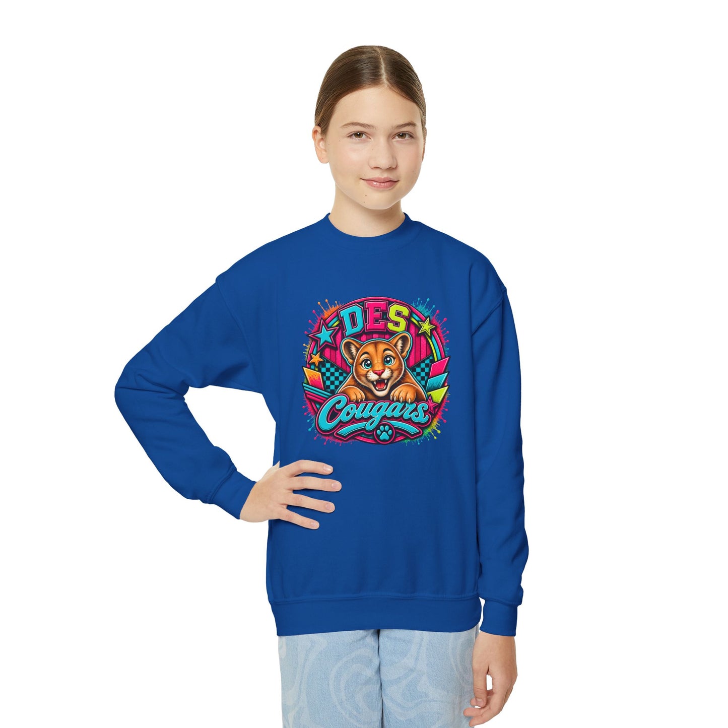 GILDAN - Youth Crewneck Sweatshirt — Vibrant 'DES Cougars' Mascot Graphic