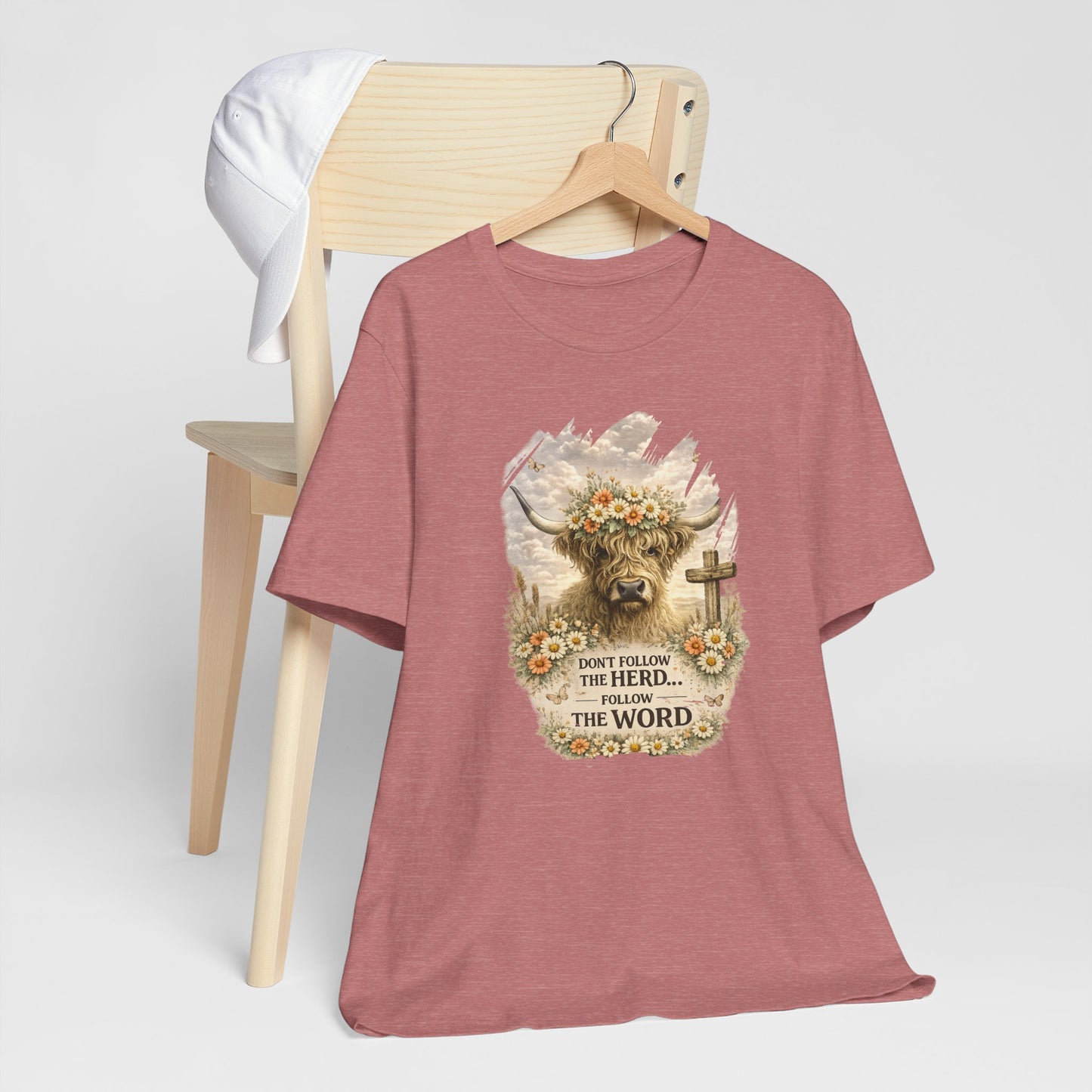 Christian Cow Graphic Tee - "Don't Follow the Herd, Follow the Word" Floral Cross T-Shirt