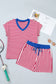Red Stripe Colorblock Trim V Neck Tee Drawstring Elastic Waist Short Set