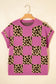 Red Leopard Checkerboard Short Sleeve Knit Sweater