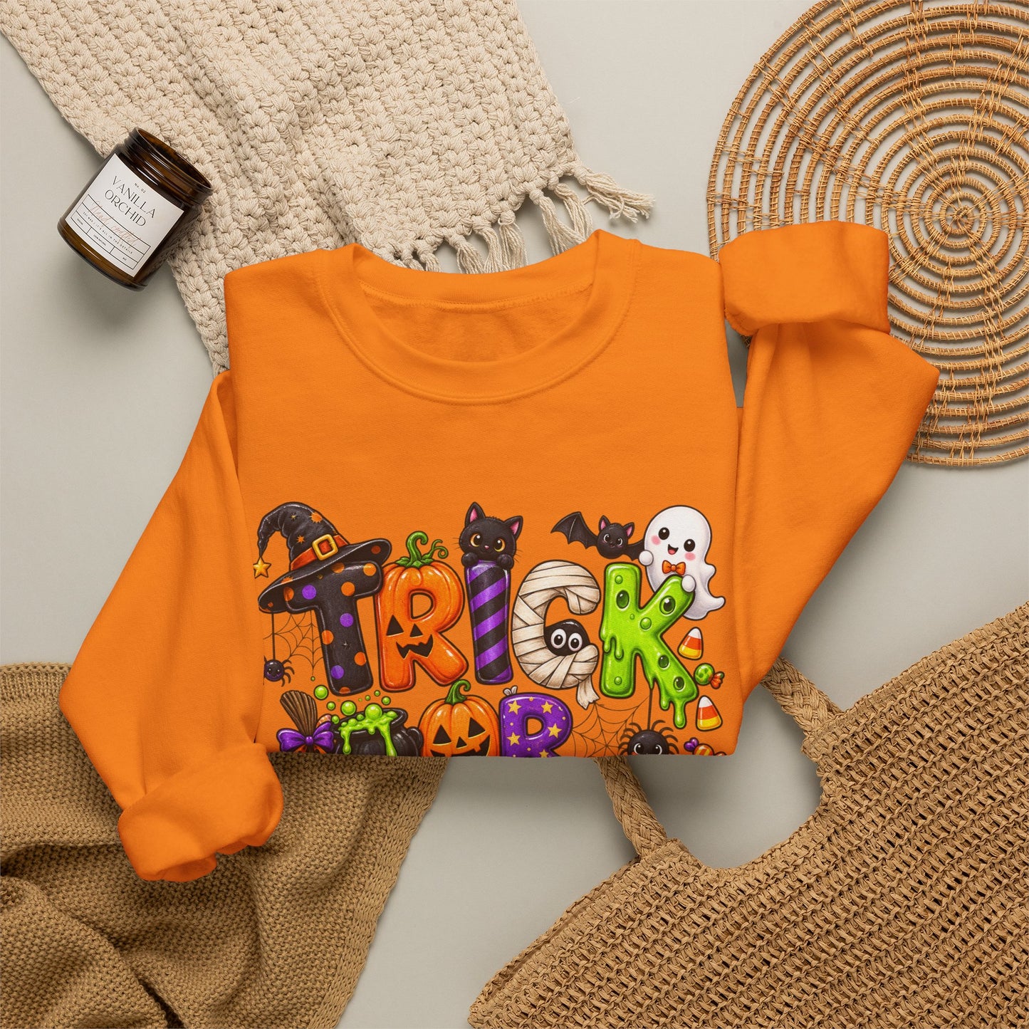 GILDAN - Halloween "Trick or Treat" Crewneck Sweatshirt - Cute Spooky Candy Graphic