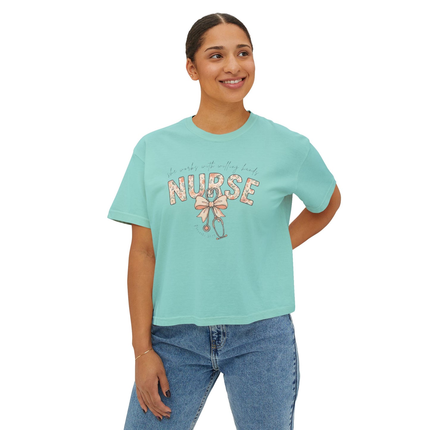 COMFORT COLOR - Nurse Boxy Tee — Floral Stethoscope Graphic for Women, "Nurse" Gift