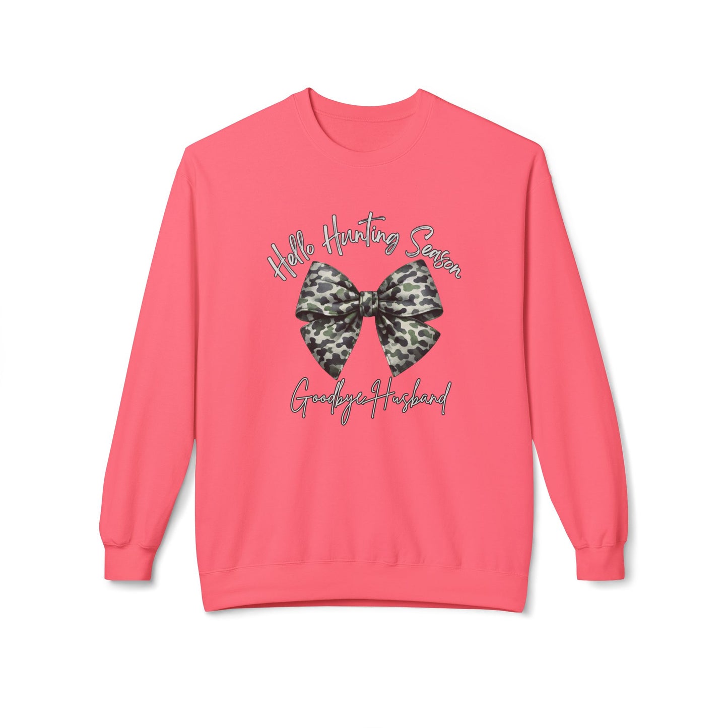 GILDAN - Crewneck Sweatshirt - 'Hate Hunting Season, Goodbye Husband' Camo Bow Graphic