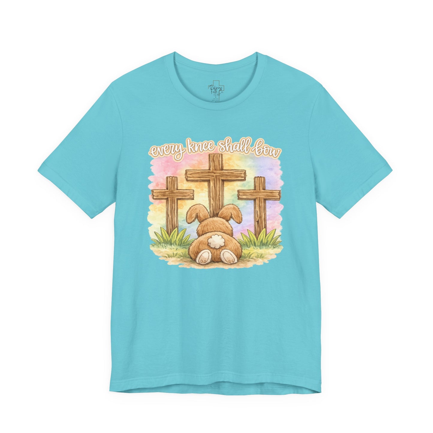 BELLA  CANVAS - Easter Bunny Kneeling at Crosses T‑Shirt — Christian Easter Faith Tee