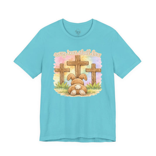 BELLA  CANVAS - Easter Bunny Kneeling at Crosses T‑Shirt — Christian Easter Faith Tee