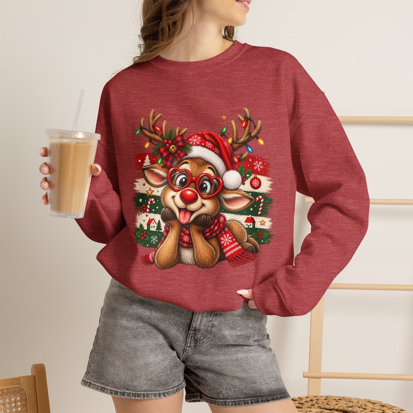 GILDAN - Cute Christmas Reindeer Crewneck Sweatshirt