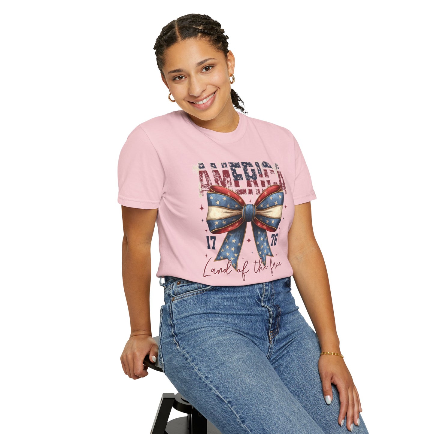 COMFORT OLORS - Patriotic America Bow T-Shirt — "America 1776 Land of the Free" Fourth of July Tee