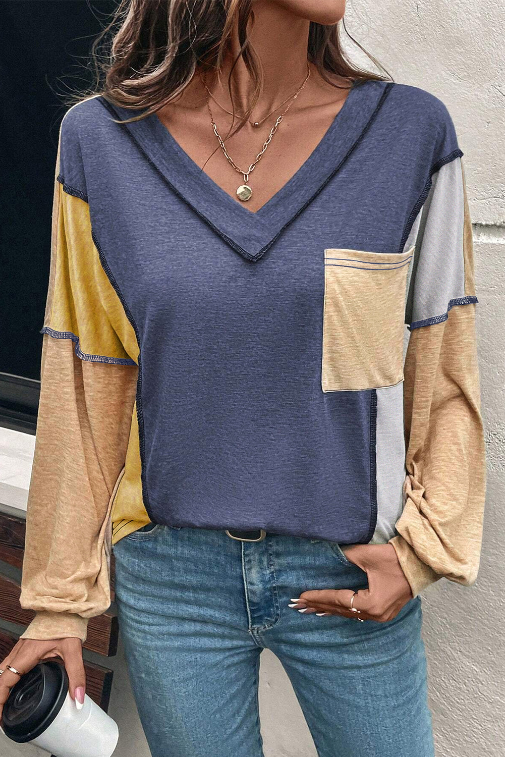 Jungle Green Exposed Stitching Colorblock V Neck Long Sleeve Top