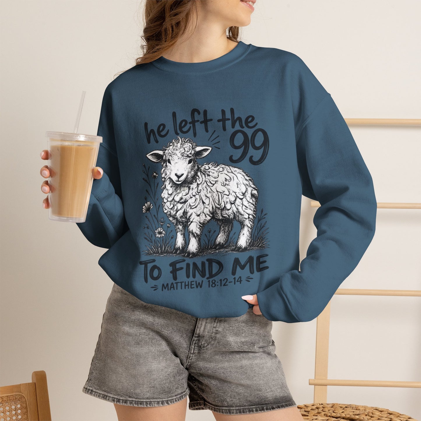 GILDAN - Christian Crewneck Sweatshirt — "He Left the 99 to Find Me" Lamb Graphic