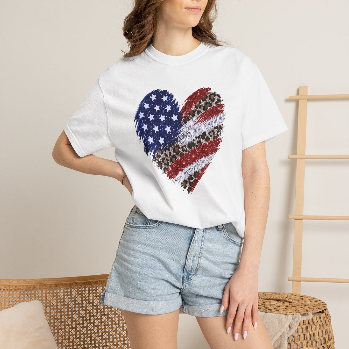 COMFORT COLORS - Patriotic Leopard Flag Heart T-Shirt — American Flag Heart Graphic Tee