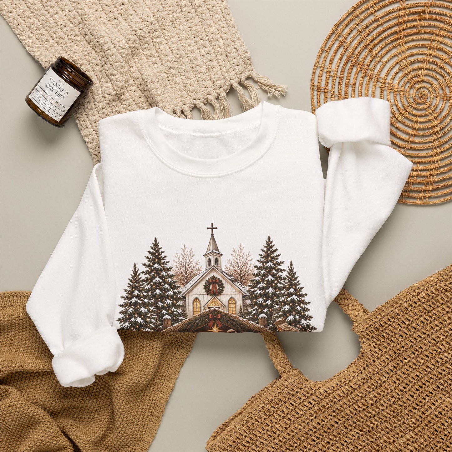 GILDAN - Nativity Scene Crewneck Sweatshirt - "Come Let Us Adore Him" Christmas Pullover