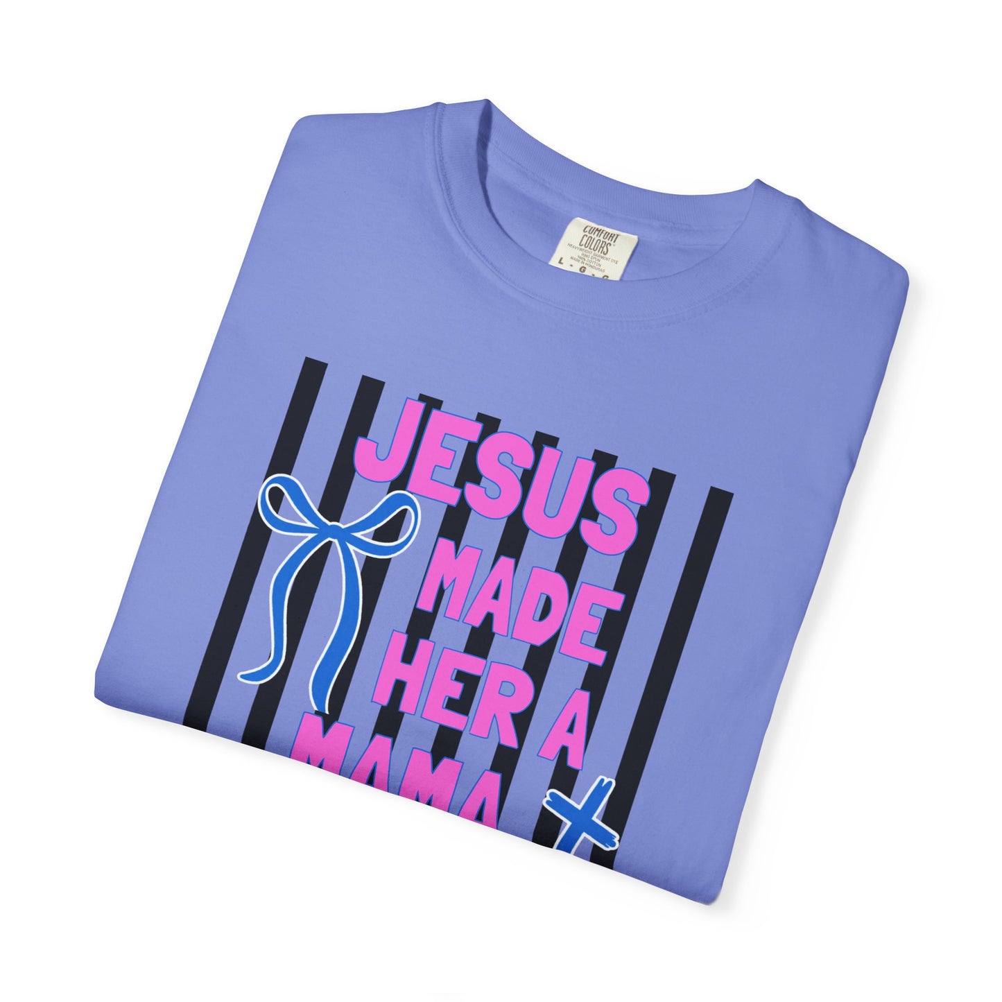 Jesus Made Her a Mama T-Shirt — Christian Mom Tee (Pink & Blue Ribbon)