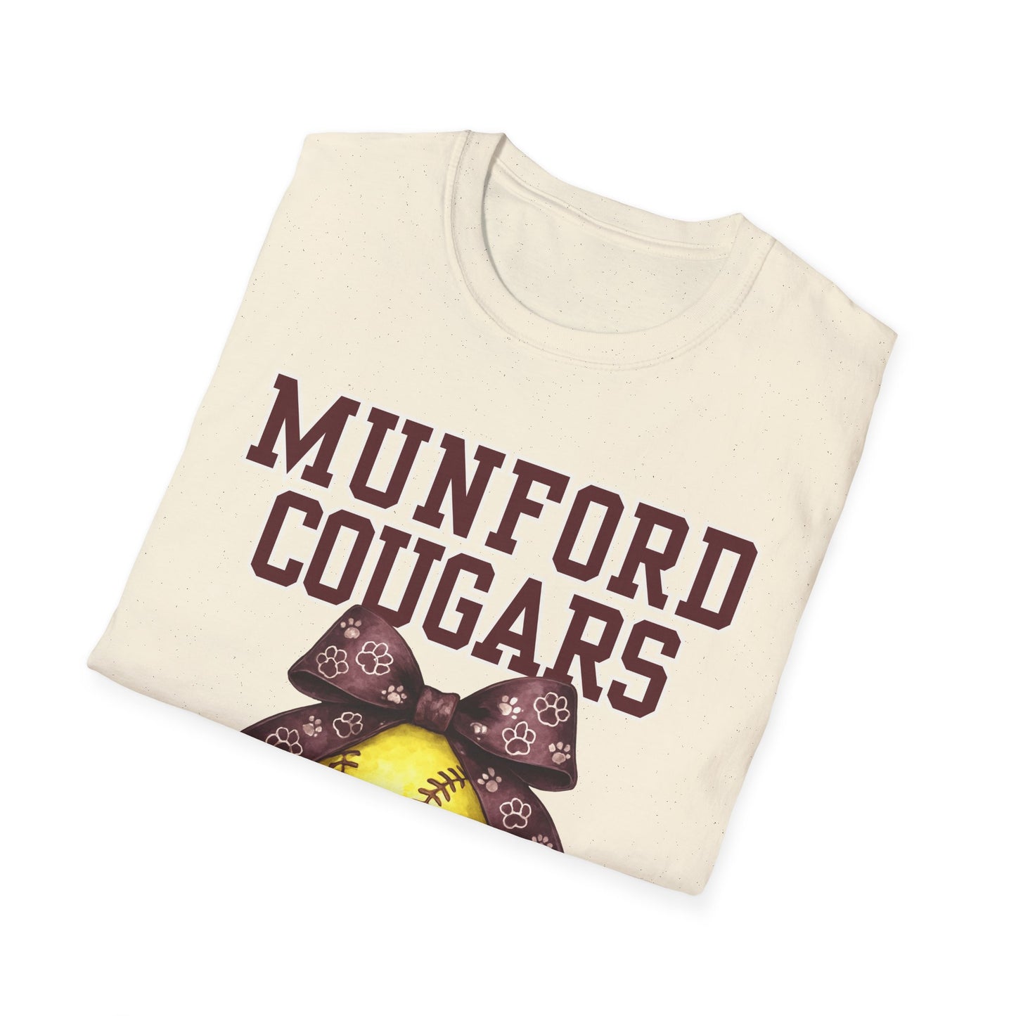 Munford Cougars Softball T-Shirt — Yellow Ball with Bow Team Tee