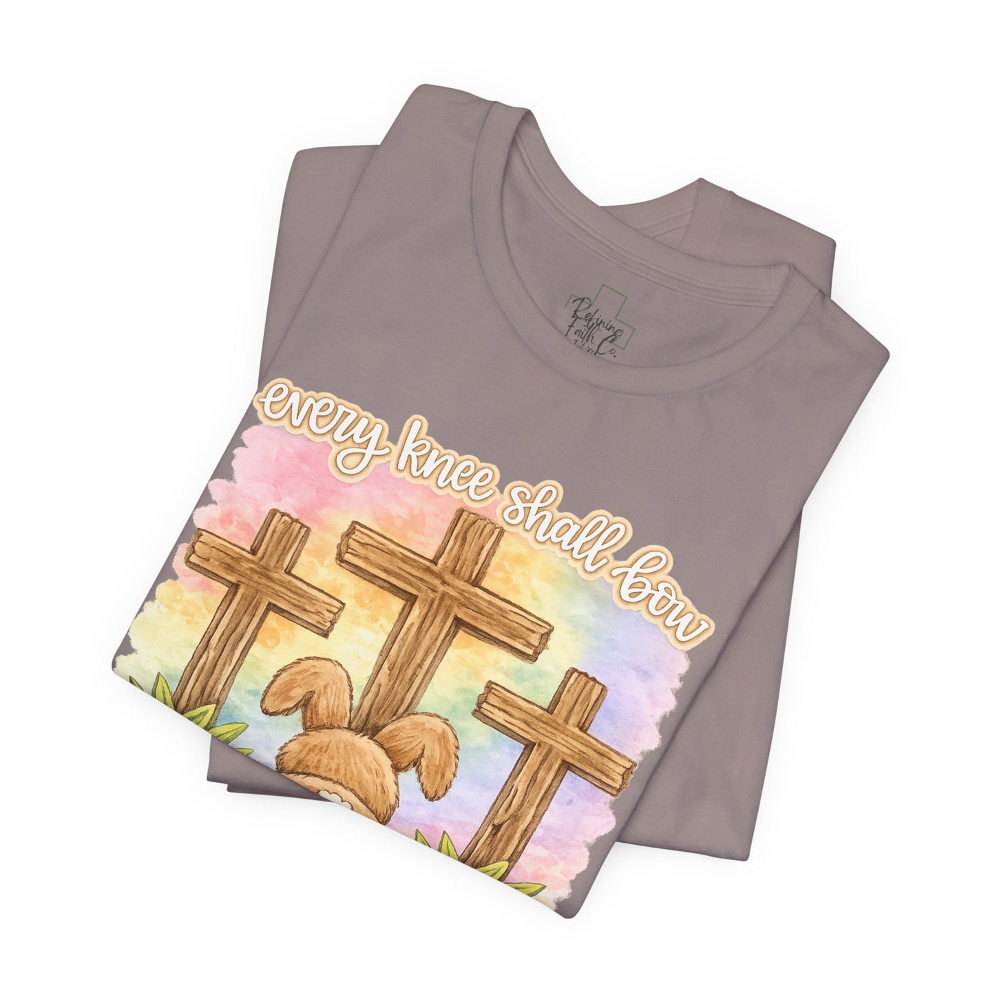 BELLA  CANVAS - Easter Bunny Kneeling at Crosses T‑Shirt — Christian Easter Faith Tee