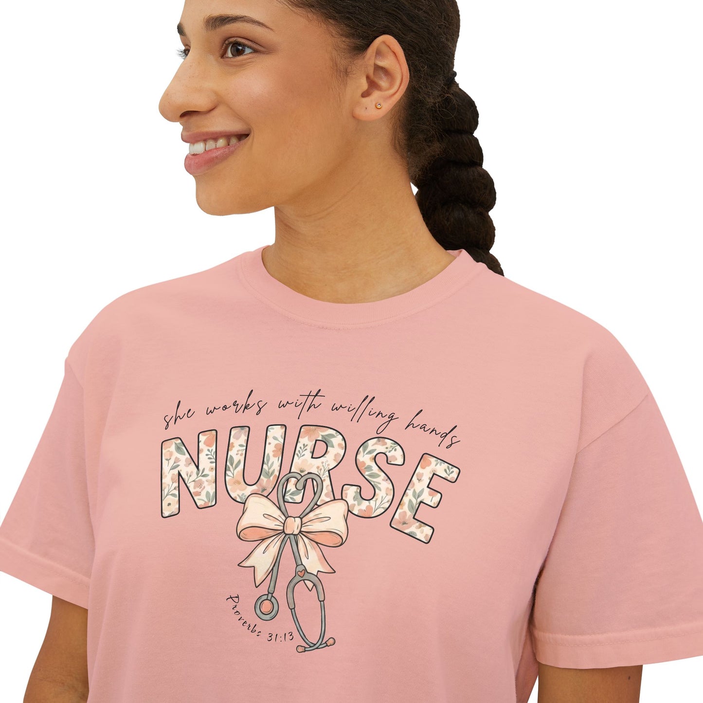 COMFORT COLOR - Nurse Boxy Tee — Floral Stethoscope Graphic for Women, "Nurse" Gift