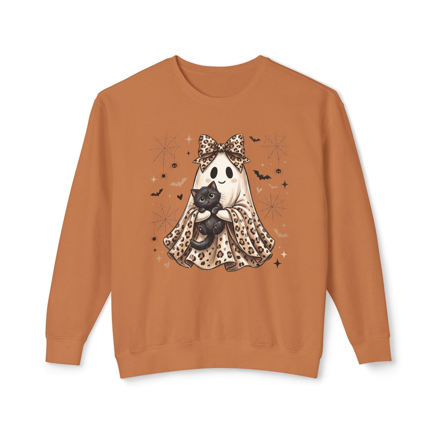 COMFORT COLORS - Leopard Bow Ghost Sweatshirt — Cute Halloween Ghost Holding Black Cat