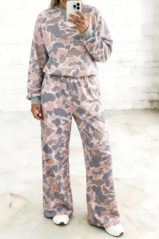 Multicolour Camouflage Print Long Sleeve Top Loose 2pcs Pants Set