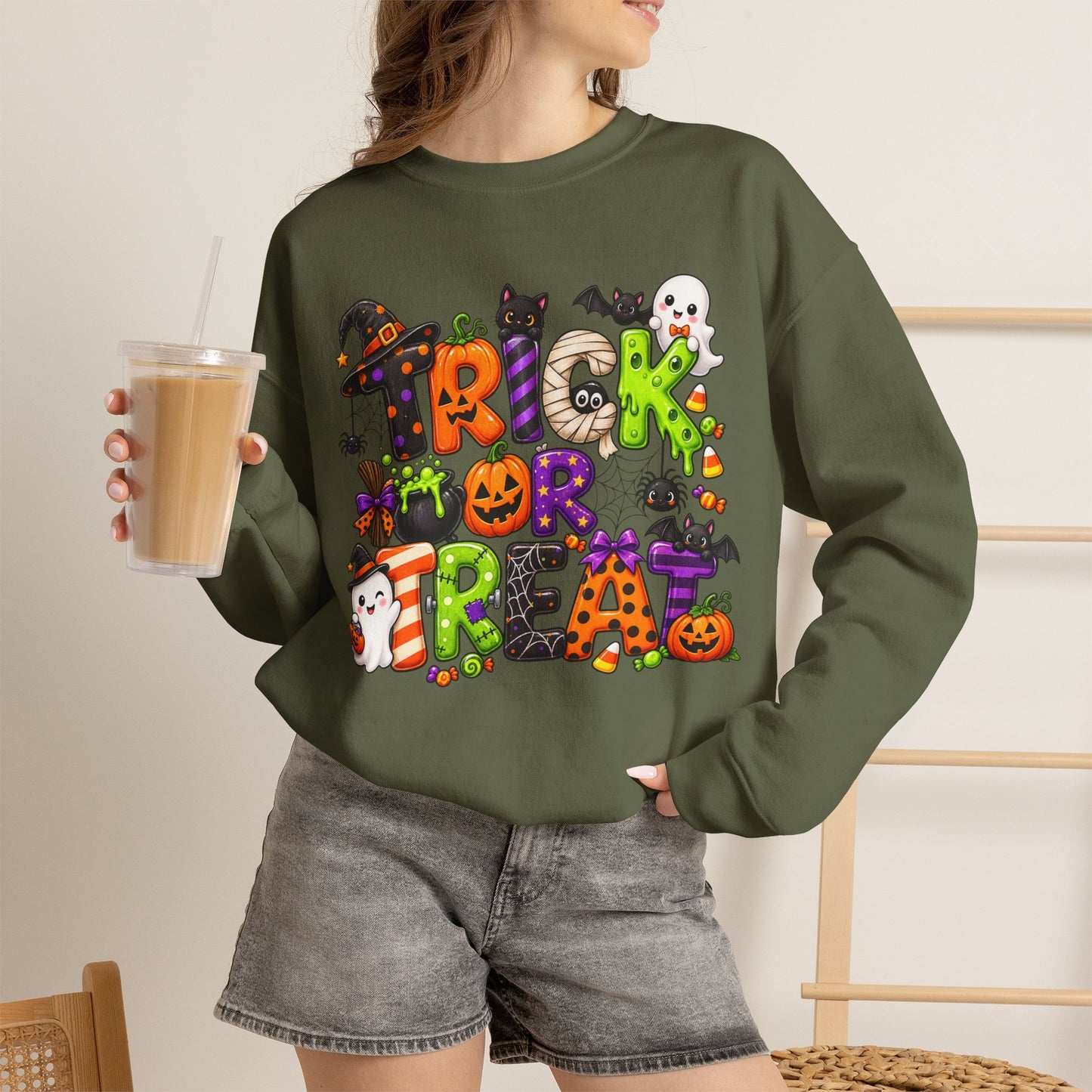 GILDAN - Halloween "Trick or Treat" Crewneck Sweatshirt - Cute Spooky Candy Graphic