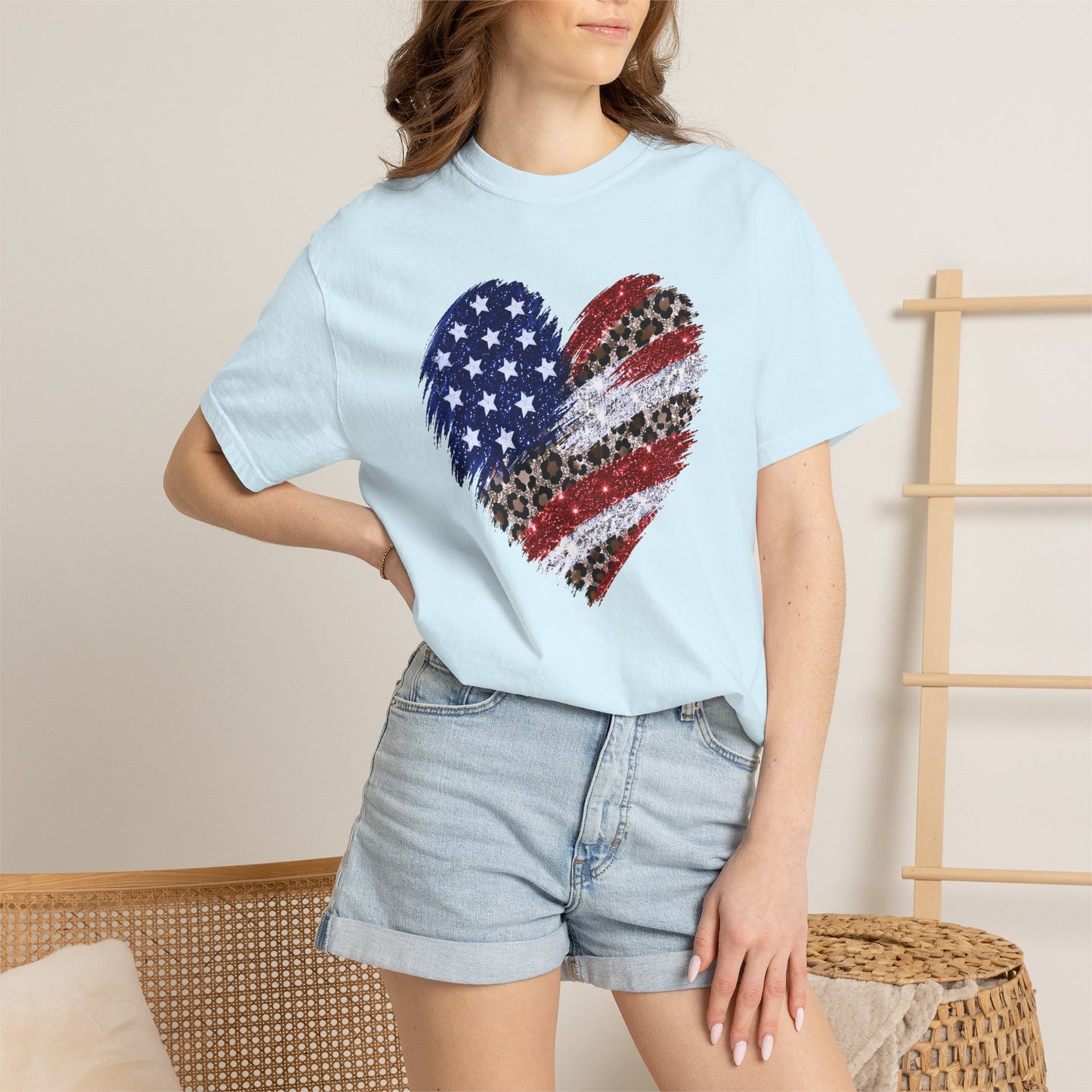 COMFORT COLORS - Patriotic Leopard Flag Heart T-Shirt — American Flag Heart Graphic Tee