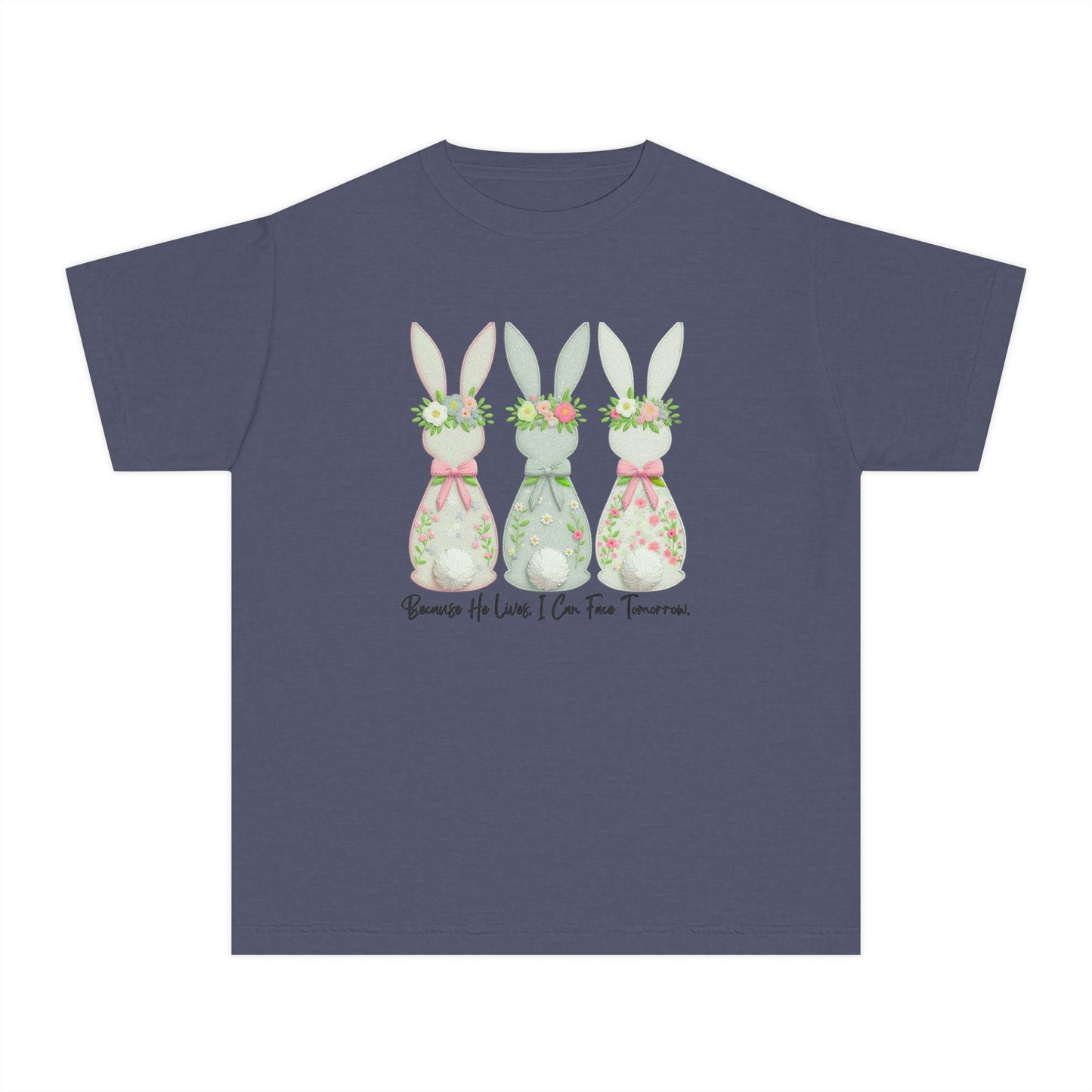 COMFORT COLORS - Easter Floral Bunny Youth Tee — 'Because He Lives'