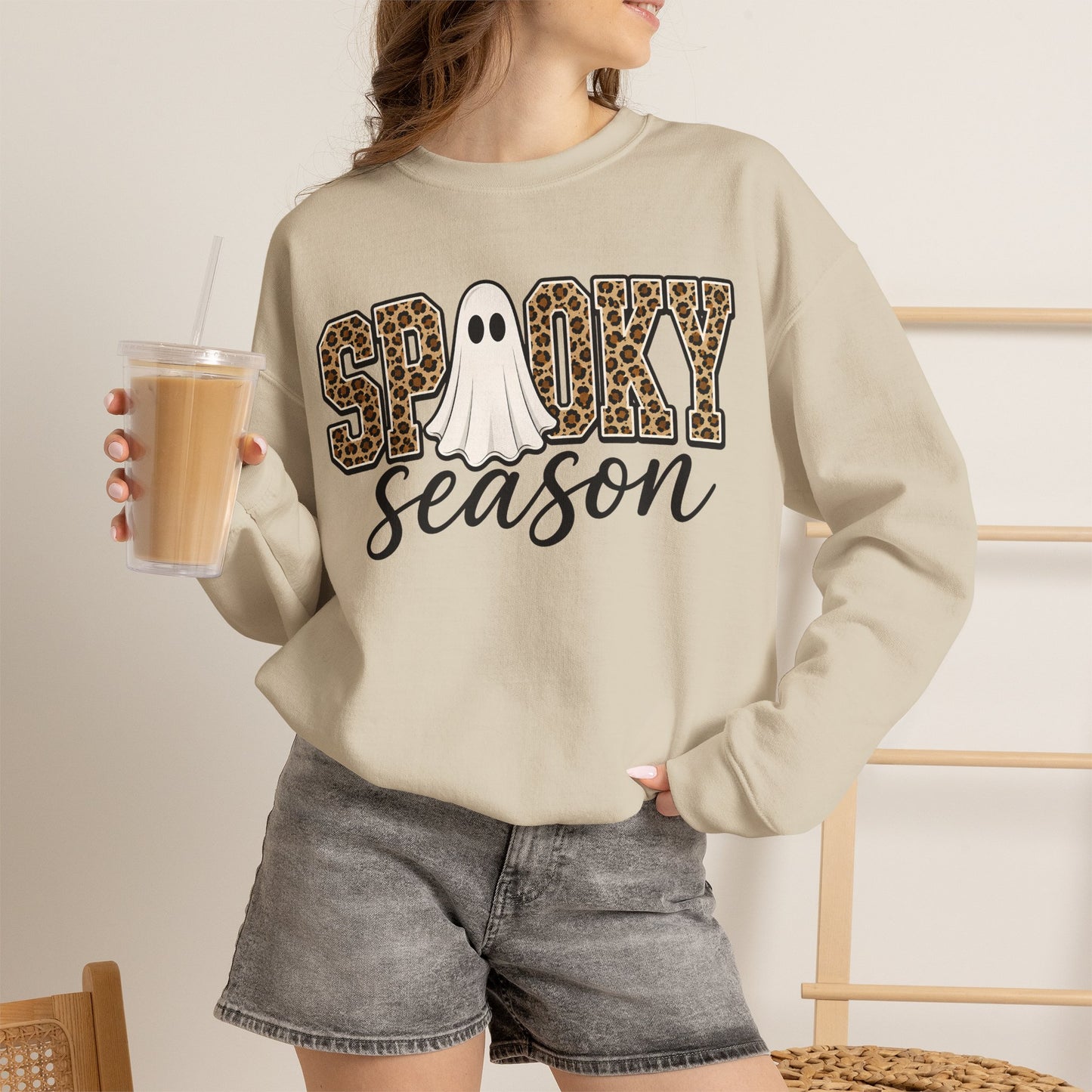 GILDAN - Spooky Season Sweatshirt — Leopard Print Ghost Halloween Crewneck