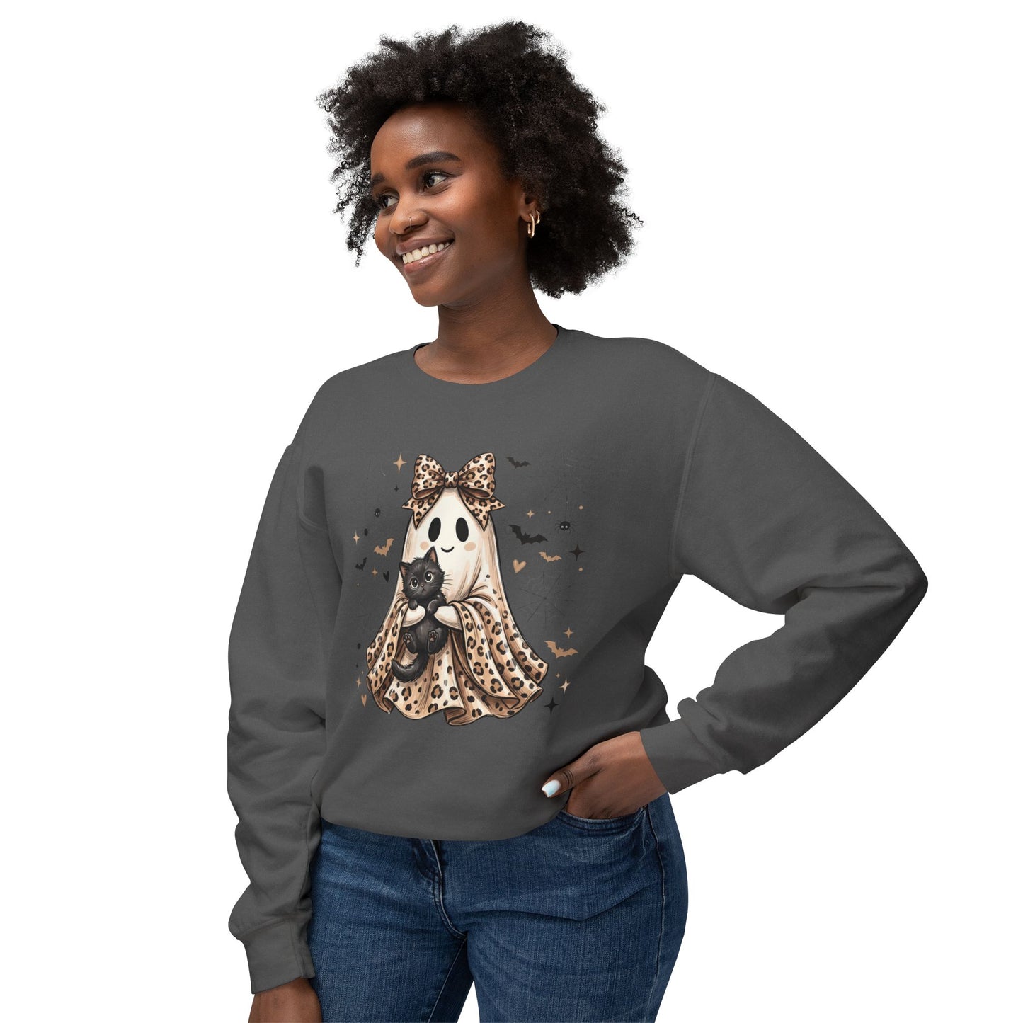 COMFORT COLORS - Leopard Bow Ghost Sweatshirt — Cute Halloween Ghost Holding Black Cat