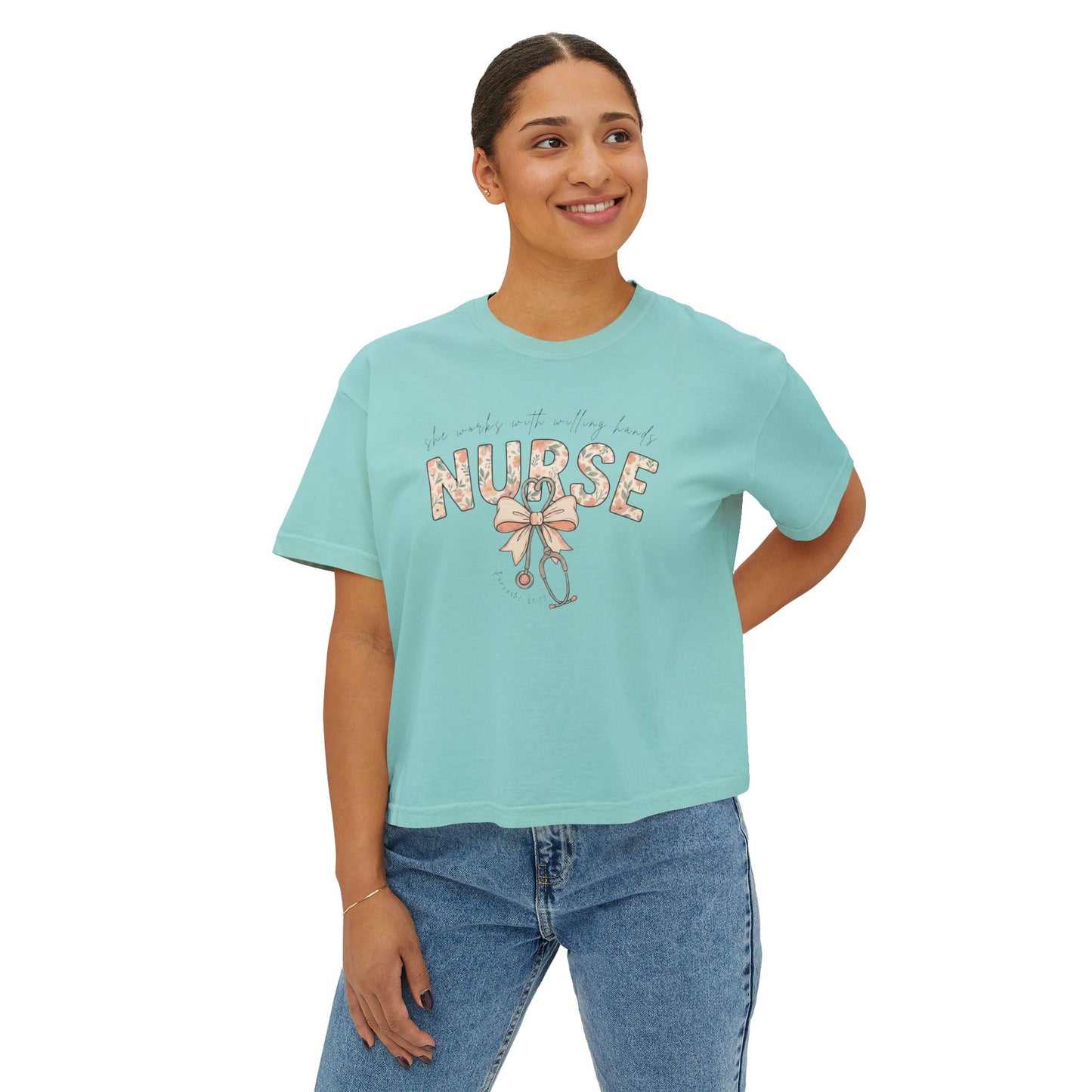 COMFORT COLOR - Nurse Boxy Tee — Floral Stethoscope Graphic for Women, "Nurse" Gift