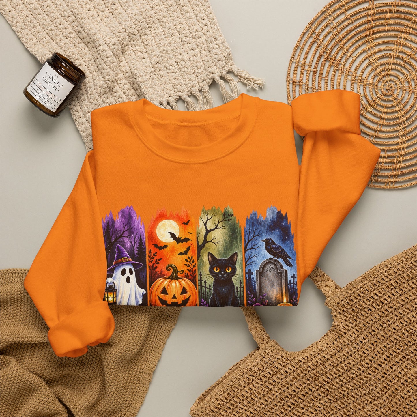 GILDAN - Spooky Season Halloween Crewneck Sweatshirt — Ghost, Jack-O'-Lantern & Black Cat Design