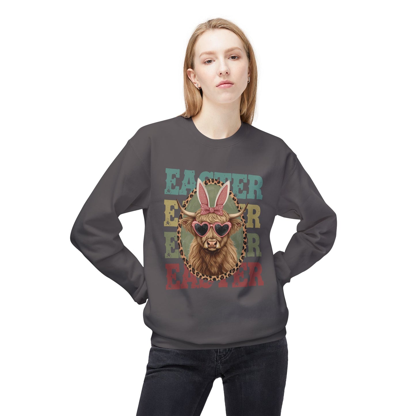 Easter Cow Crewneck Sweatshirt — Retro Bunny Ears & Sunglasses