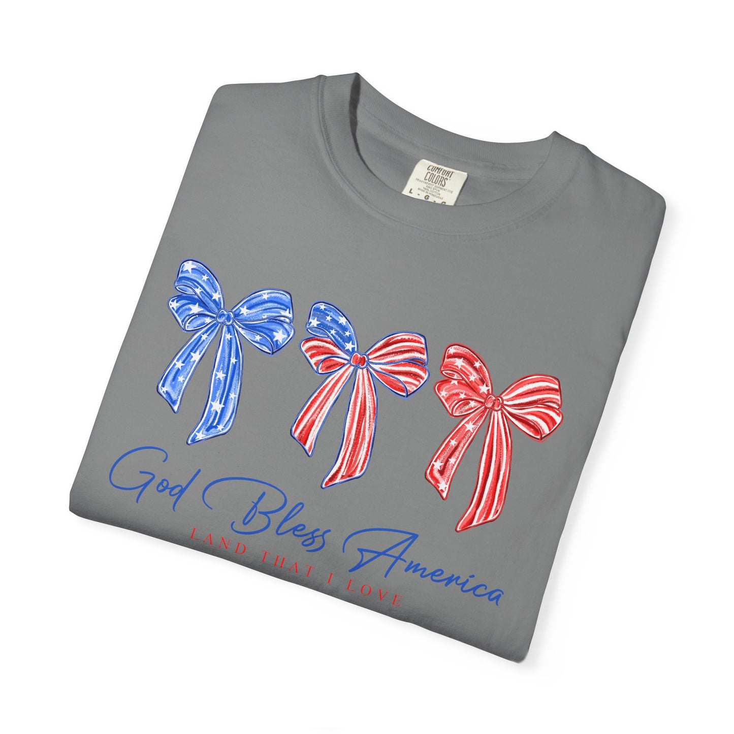 God Bless America Patriotic T-Shirt — Red, White & Blue Bow Design