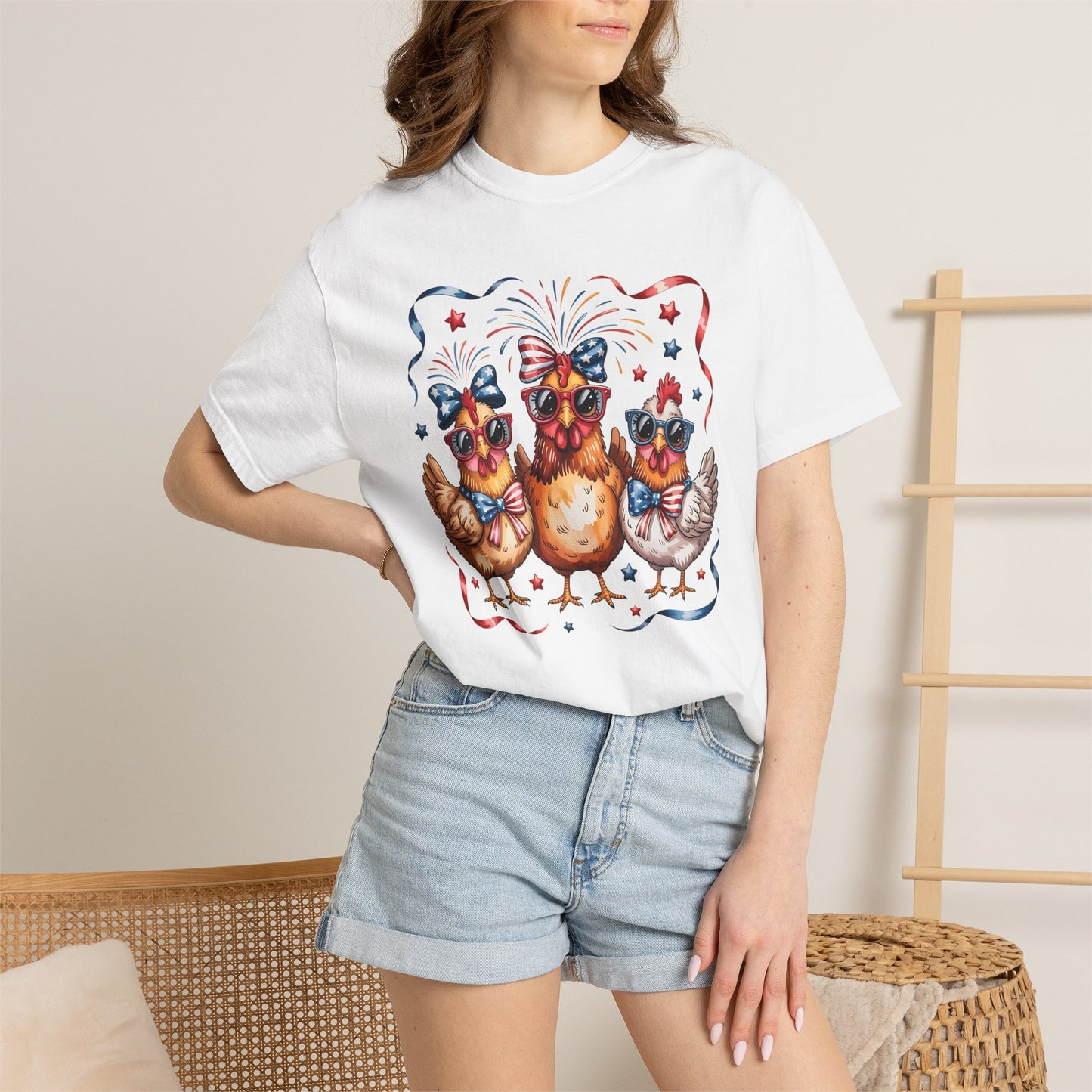 COMFORT COLORS - Patriotic Chickens T-Shirt — 4th of July Farm Animal Graphic Tee