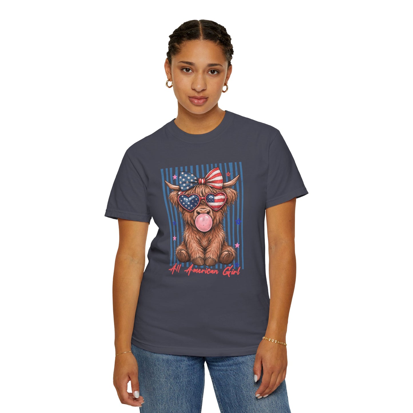 COMFORT COLORS - All American Girl T-Shirt — Patriotic Cow Pup Graphic Tee