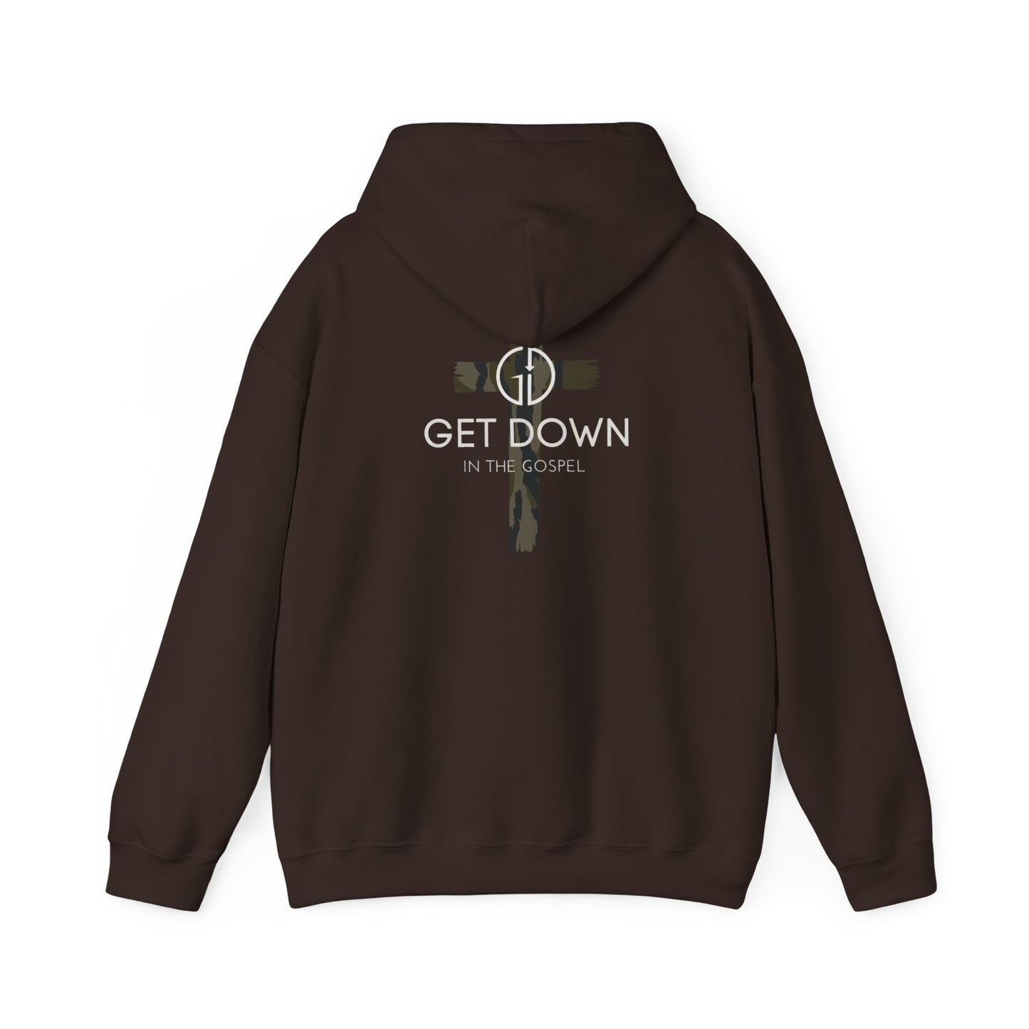 GET DOWN IN THE GOSPEL ADULT HOODIE GREEN CAMO CROSS