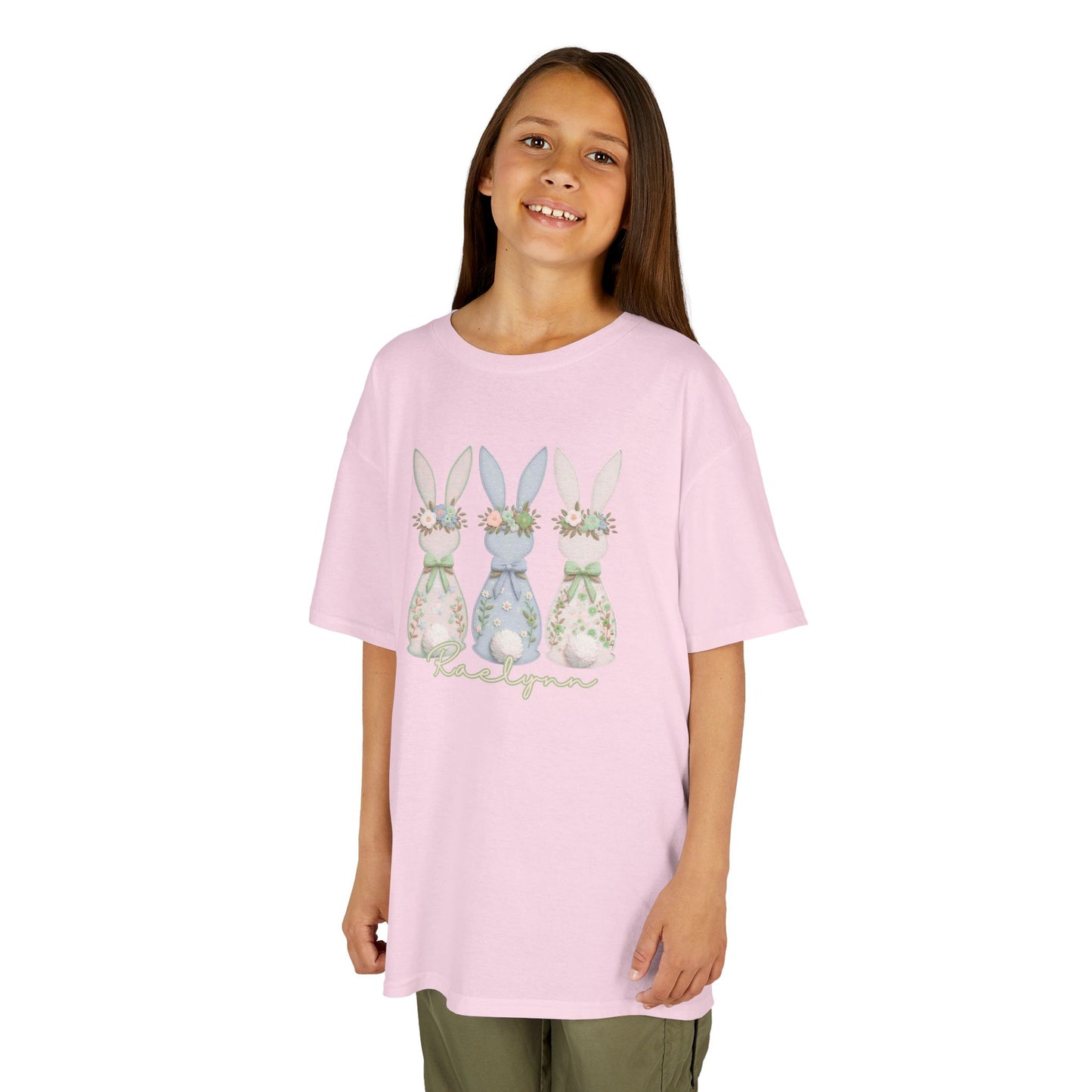 **PERSONALIZE IT ** Kids Tee — Pastel Floral Bunnies "Hello Spring" Easter Shirt