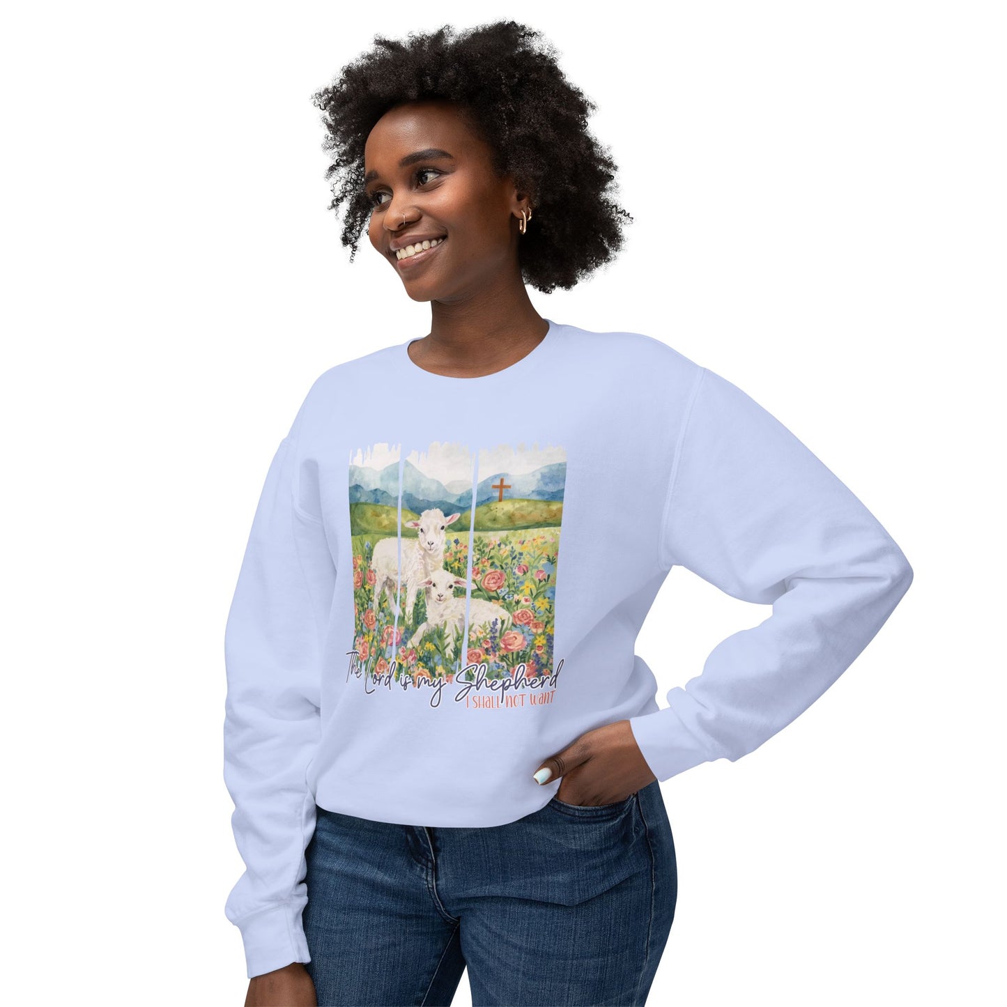 COMFORT COLORS - Shepherd Lamb Crewneck Sweatshirt — "Thou Wilt Keep Him in Perfect Peace" Floral Lamb Design