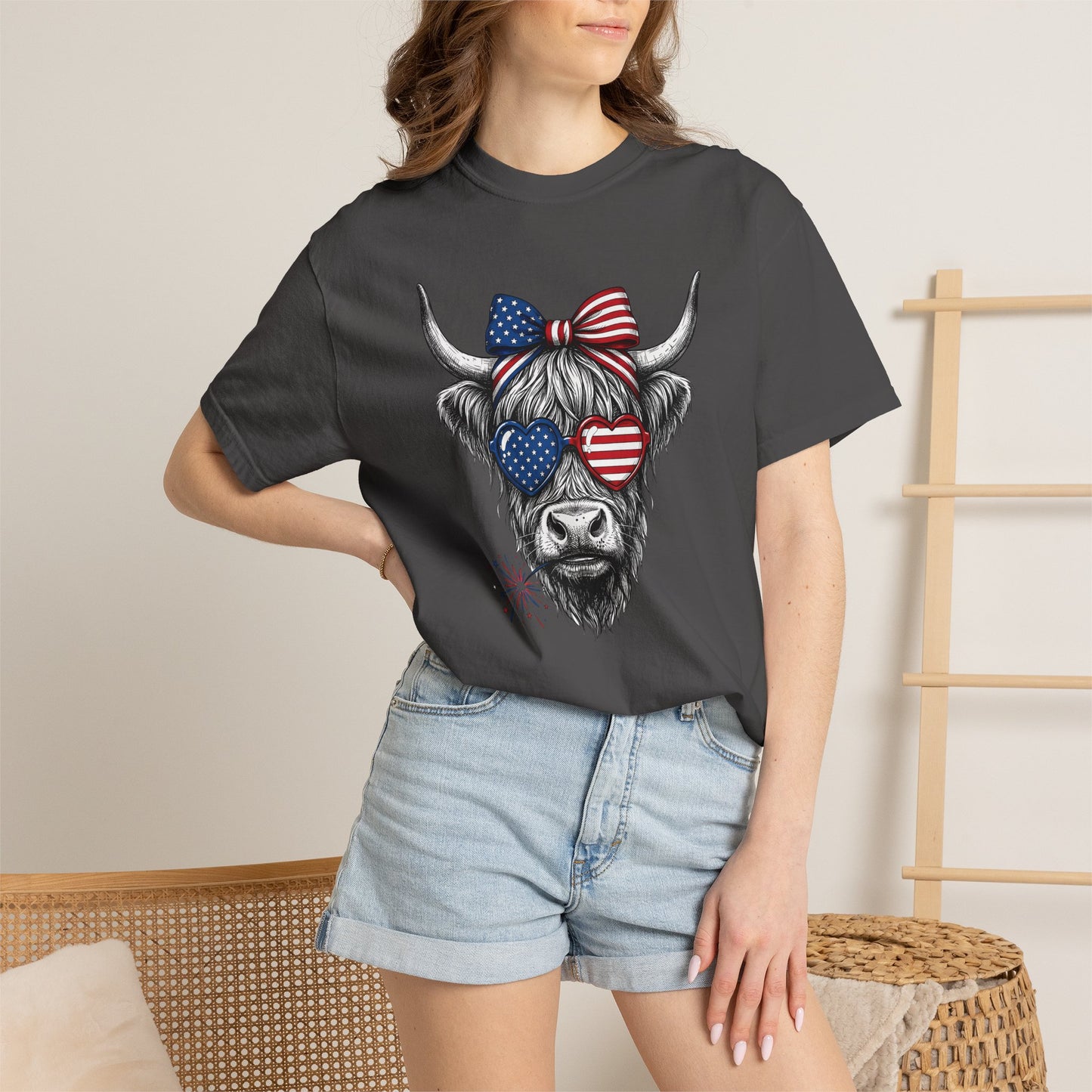 COMFORT COLORS - Patriotic Highland Cow T-Shirt — American Flag Heart Sunglasses