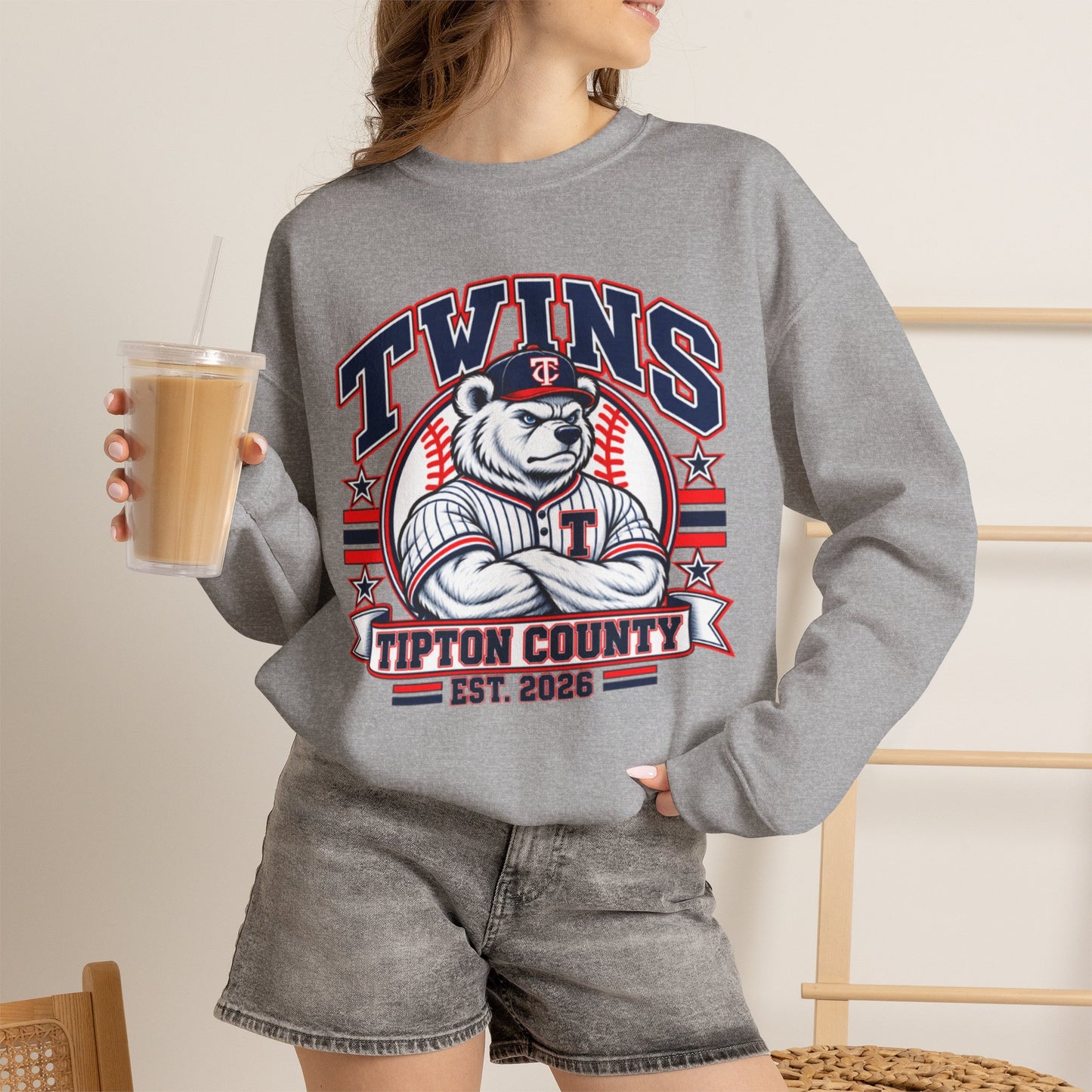 Twins Tipton County Baseball Crewneck Sweatshirt – Est. 2028 Vintage Mascot