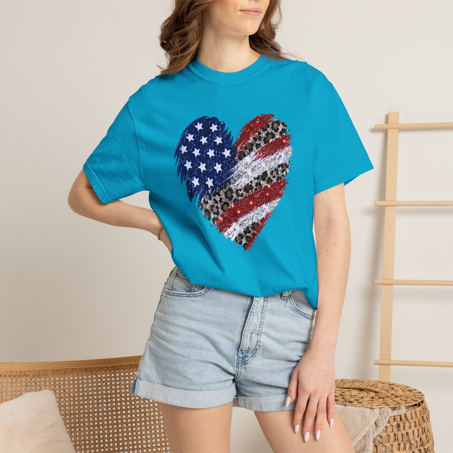 COMFORT COLORS - Patriotic Leopard Flag Heart T-Shirt — American Flag Heart Graphic Tee