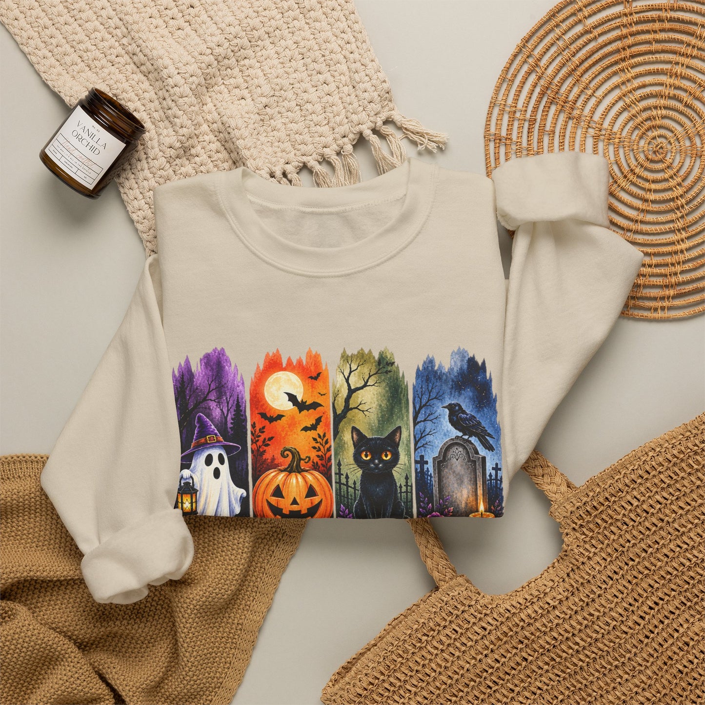GILDAN - Spooky Season Halloween Crewneck Sweatshirt — Ghost, Jack-O'-Lantern & Black Cat Design