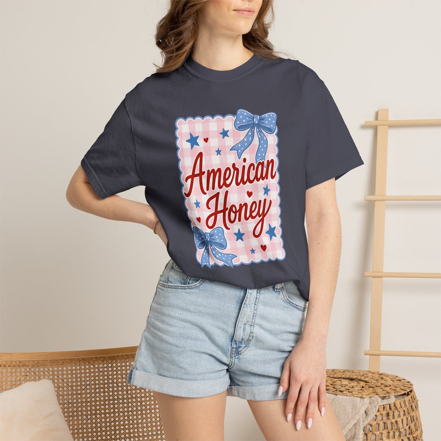 COMFORT COLORS - American Honey Graphic T-Shirt — Retro Patriotic Stars & Bows