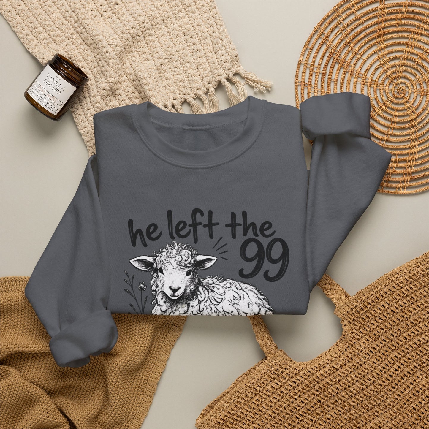 GILDAN - Christian Crewneck Sweatshirt — "He Left the 99 to Find Me" Lamb Graphic
