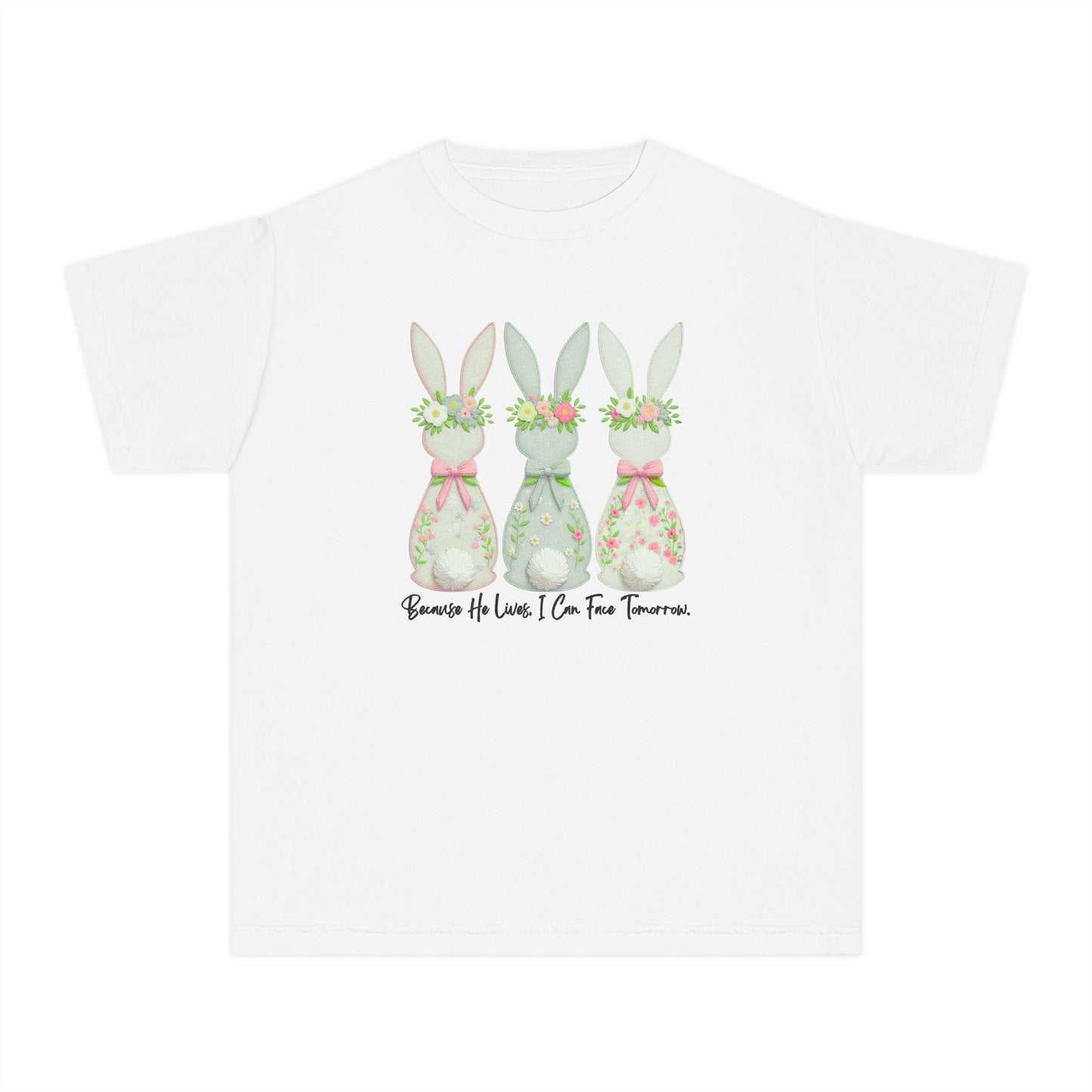 COMFORT COLORS - Easter Floral Bunny Youth Tee — 'Because He Lives'