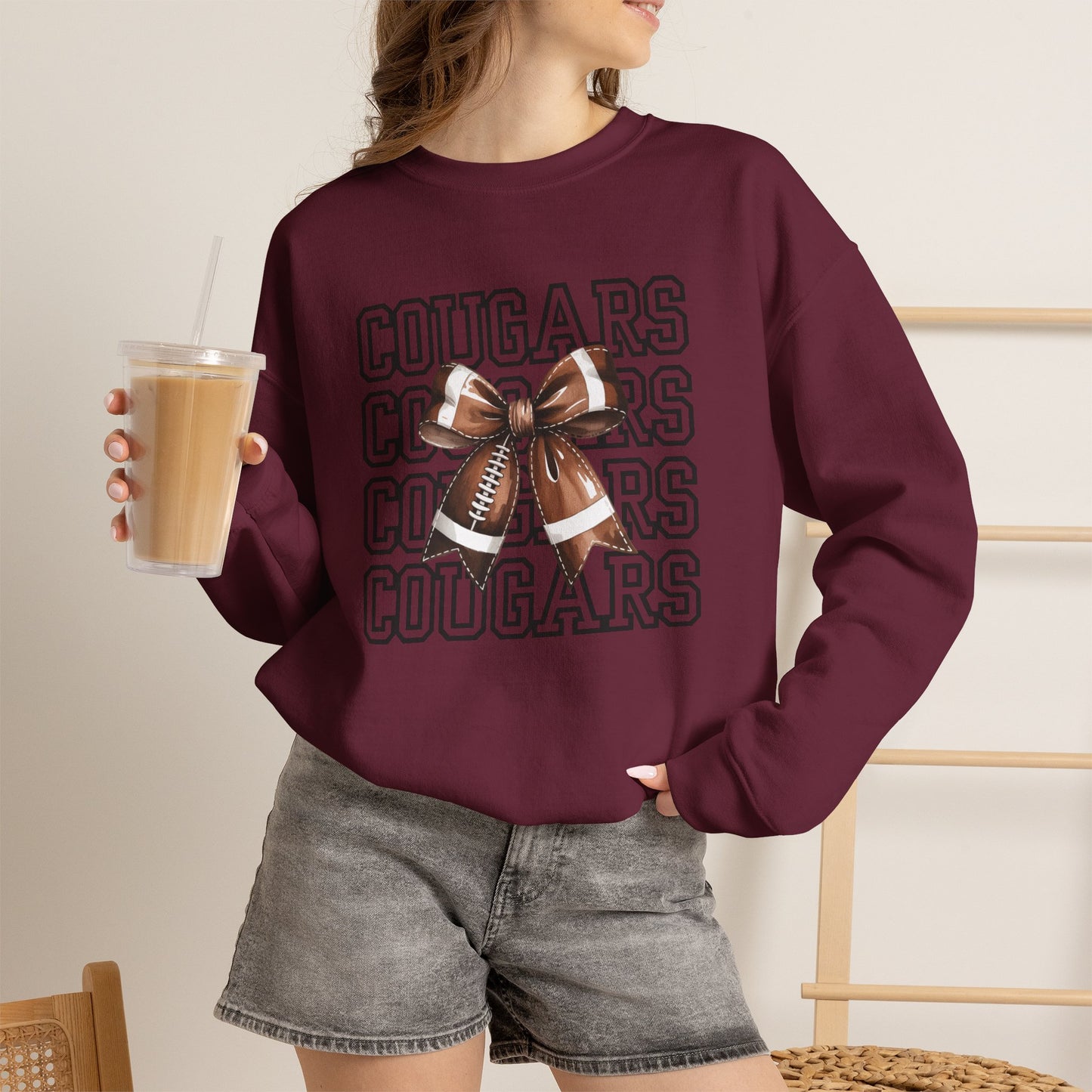 GILDAN - Cougars Cheer Bow Sweatshirt - Repeated Text Graphic Crewneck