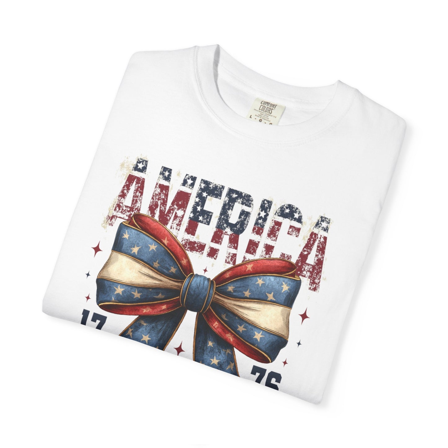 COMFORT OLORS - Patriotic America Bow T-Shirt — "America 1776 Land of the Free" Fourth of July Tee
