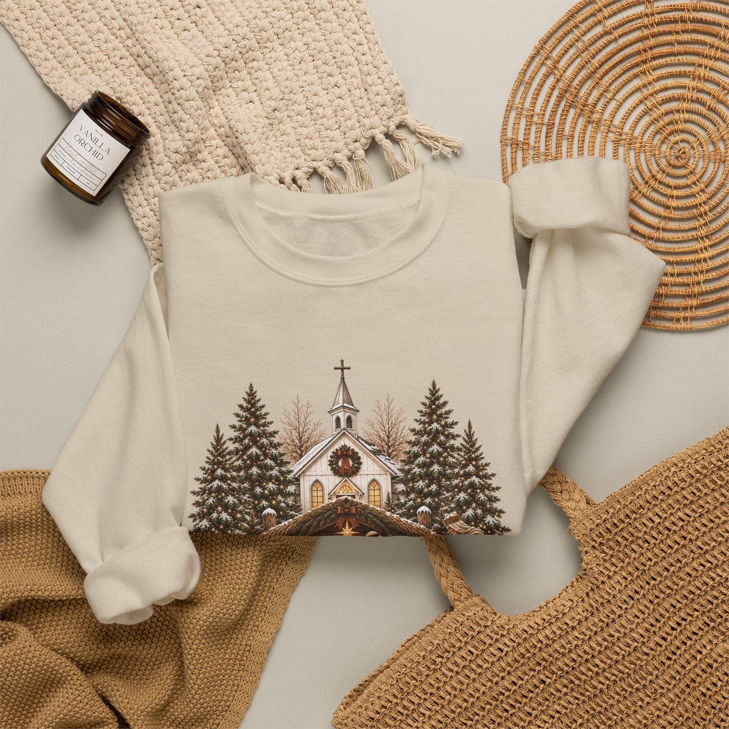 GILDAN - Nativity Scene Crewneck Sweatshirt - "Come Let Us Adore Him" Christmas Pullover