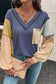 Jungle Green Exposed Stitching Colorblock V Neck Long Sleeve Top