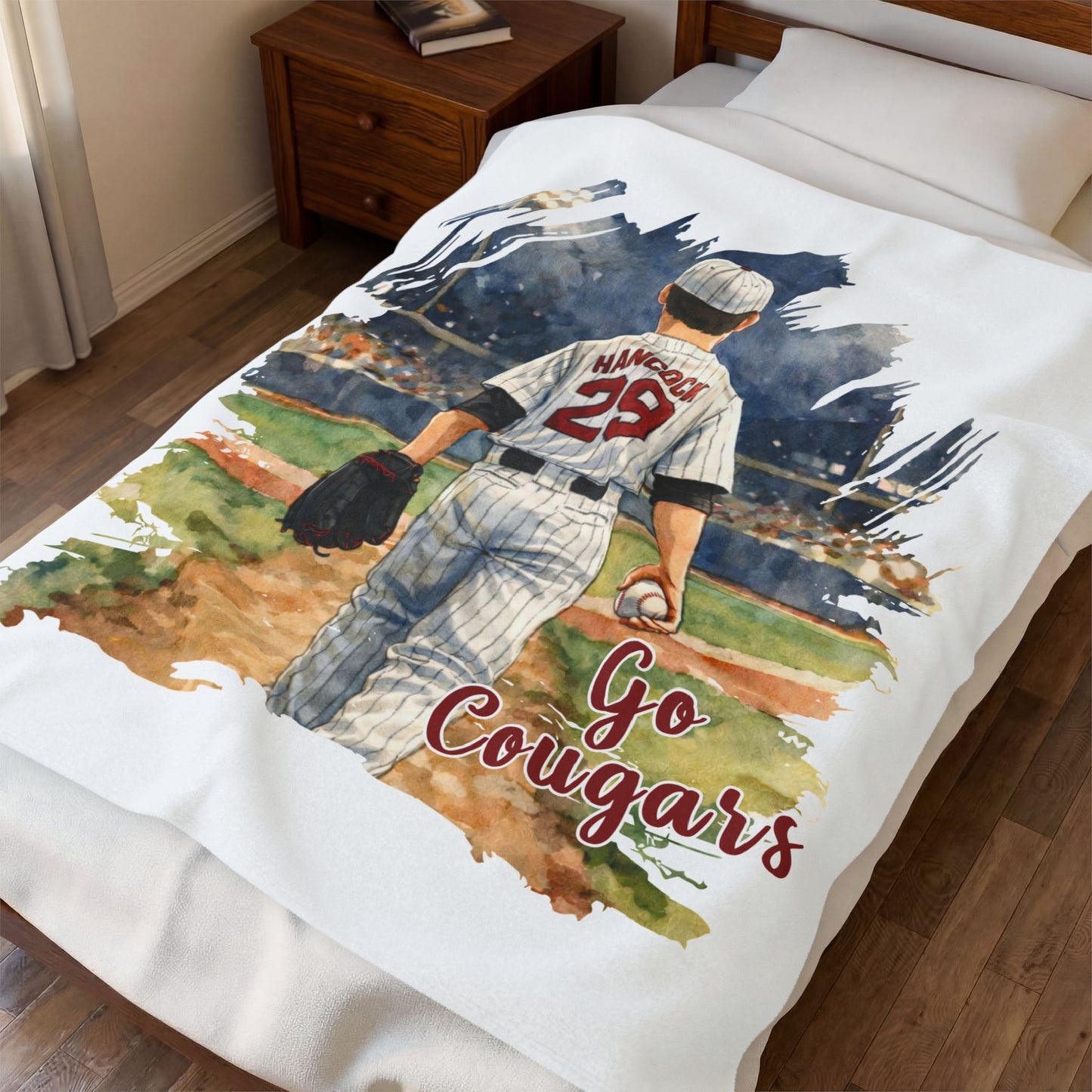 ***DO NOT ORDER THIS BLANKET - CONTACT ME @REFININGFAITHCOMPANY@GMAIL.COM TO PERSONALIZE THIS ***  Baseball Player Velveteen Plush Blanket – 'Go Cougars' Team Throw