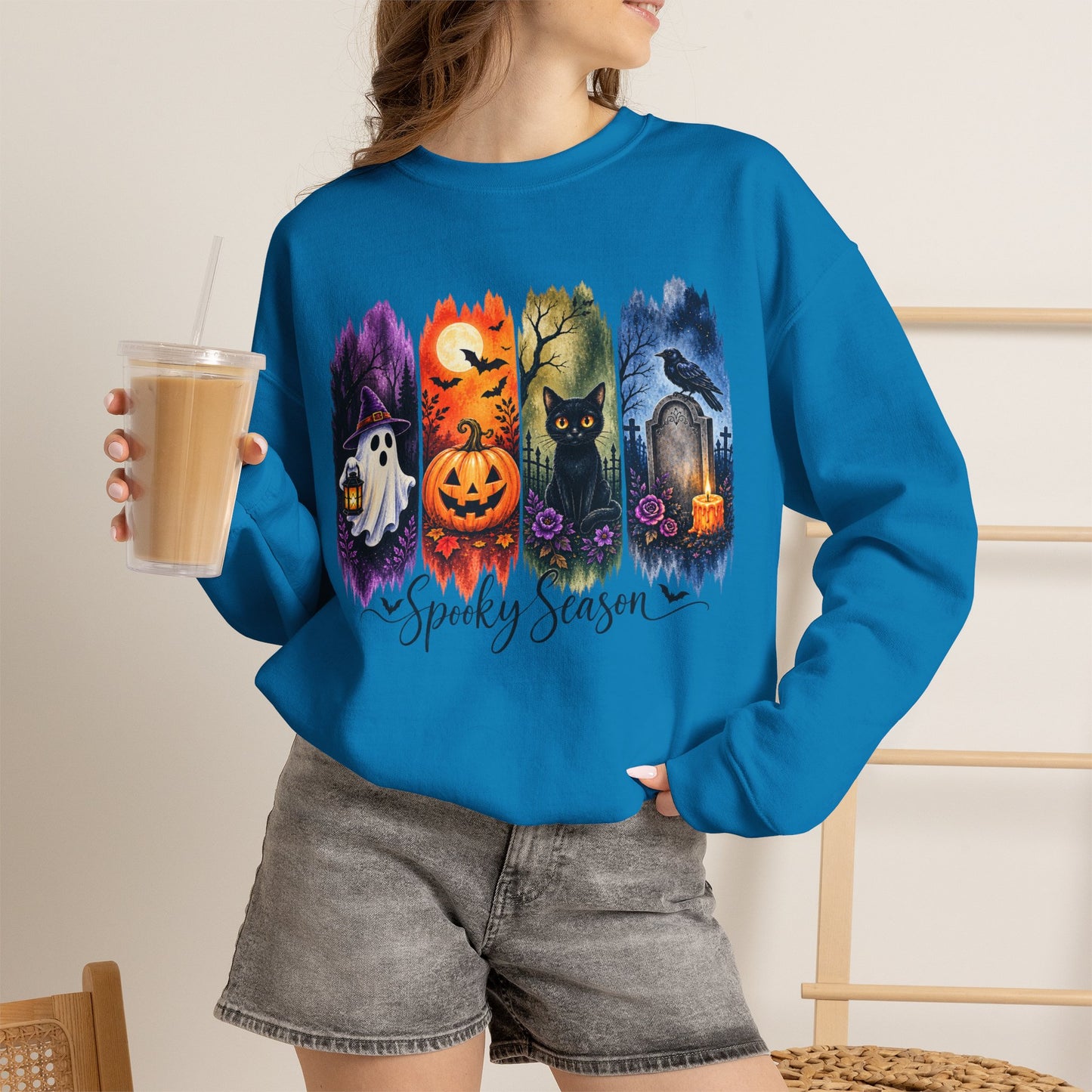 GILDAN - Spooky Season Halloween Crewneck Sweatshirt — Ghost, Jack-O'-Lantern & Black Cat Design