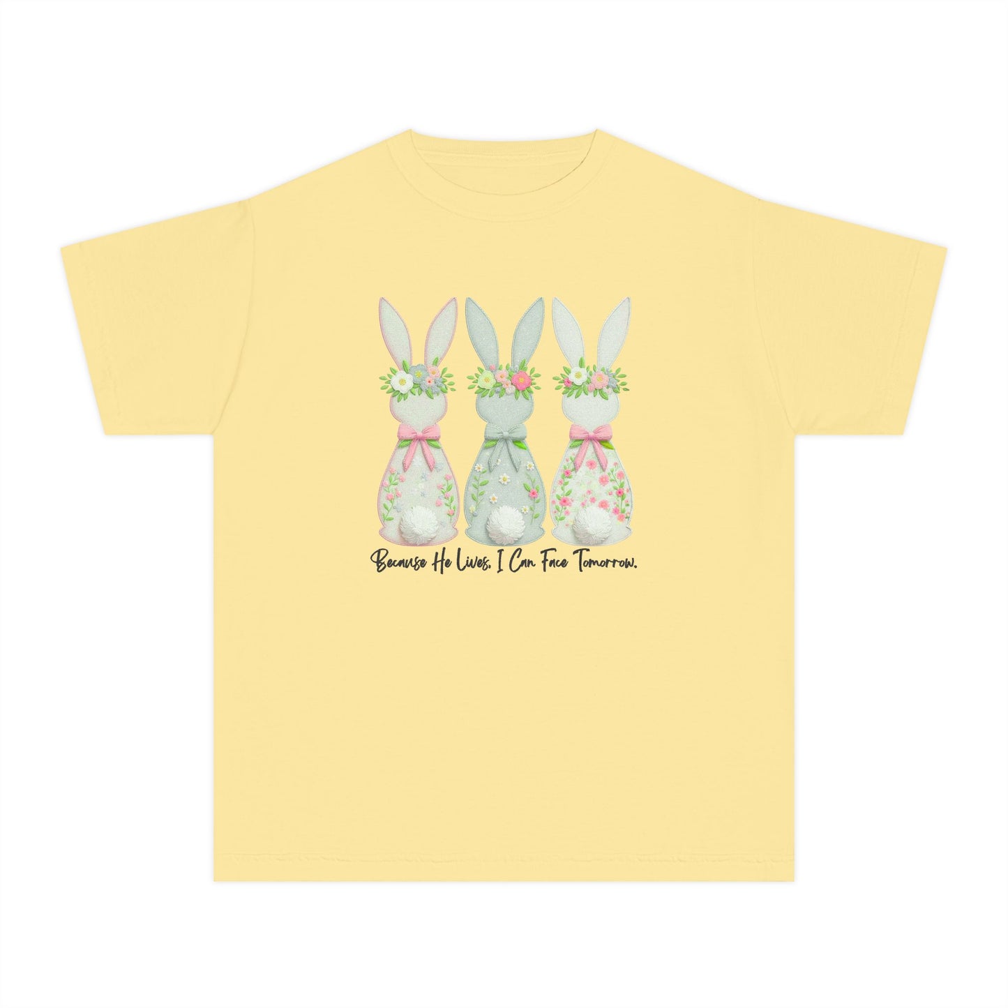 COMFORT COLORS - Easter Floral Bunny Youth Tee — 'Because He Lives'